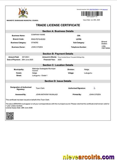 Uganda Makindye trade license certificate